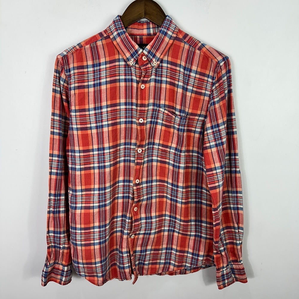 American Eagle Plaid Shirt Mens M Red Blue Linen Blend Preppy Coastal Heritage
